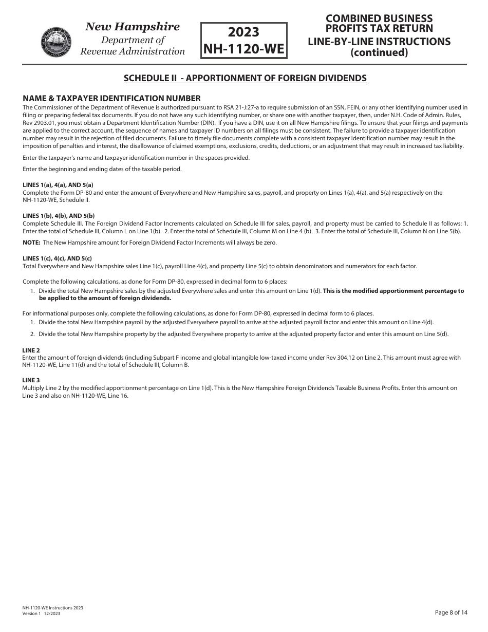 Instructions for Form NH-1120-WE Combined Business Profits Tax Return - New Hampshire, Page 8