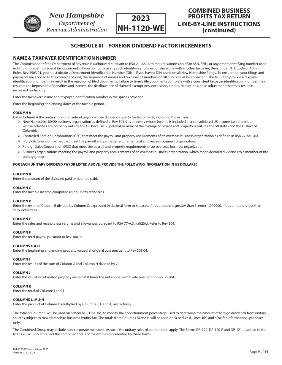 Instructions for Form NH-1120-WE Combined Business Profits Tax Return - New Hampshire, Page 9