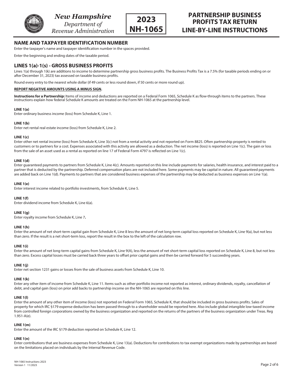 Instructions for Form NH-1065 Partnership Business Profits Tax Return - New Hampshire, Page 2