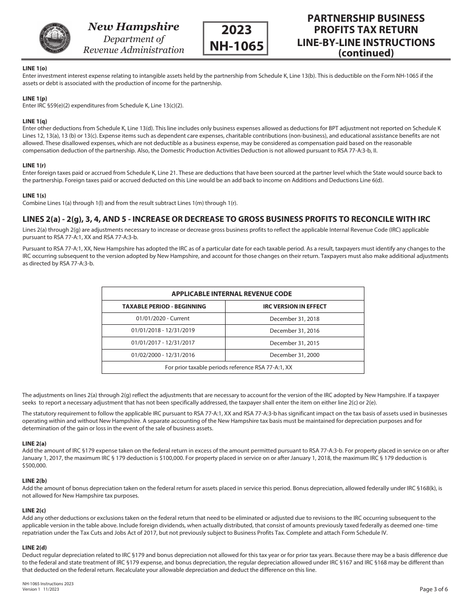 Instructions for Form NH-1065 Partnership Business Profits Tax Return - New Hampshire, Page 3