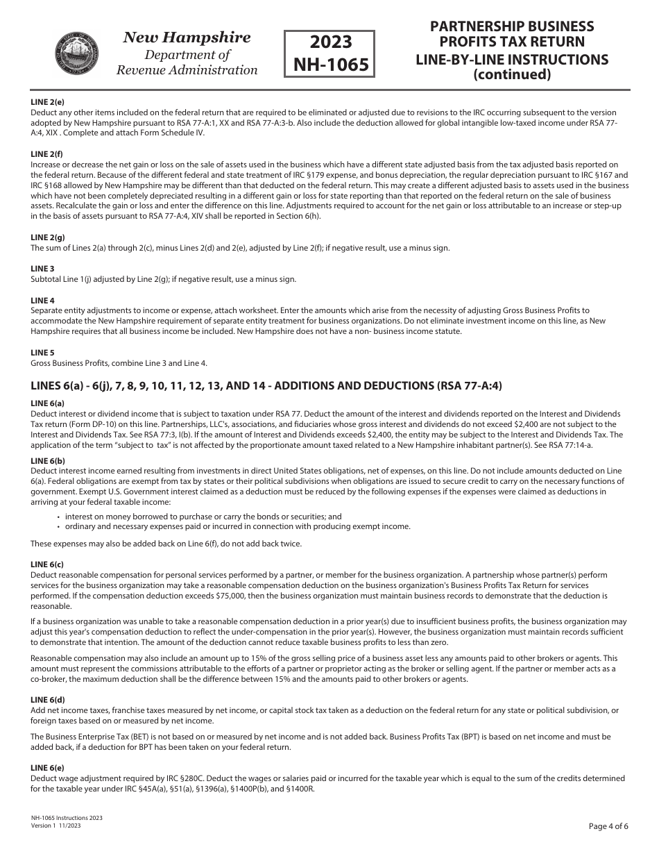 Instructions for Form NH-1065 Partnership Business Profits Tax Return - New Hampshire, Page 4
