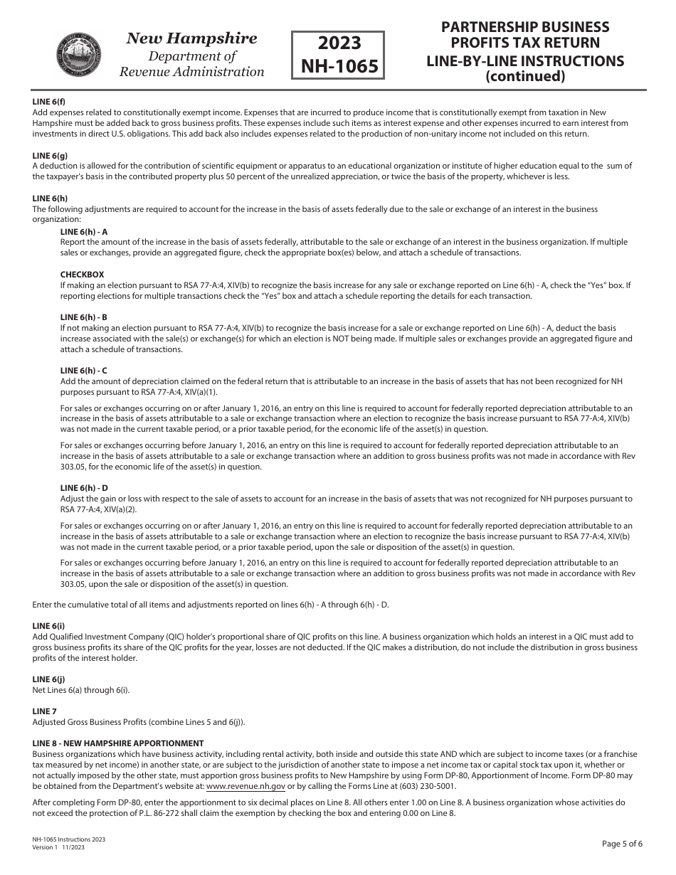 Instructions for Form NH-1065 Partnership Business Profits Tax Return - New Hampshire, Page 5