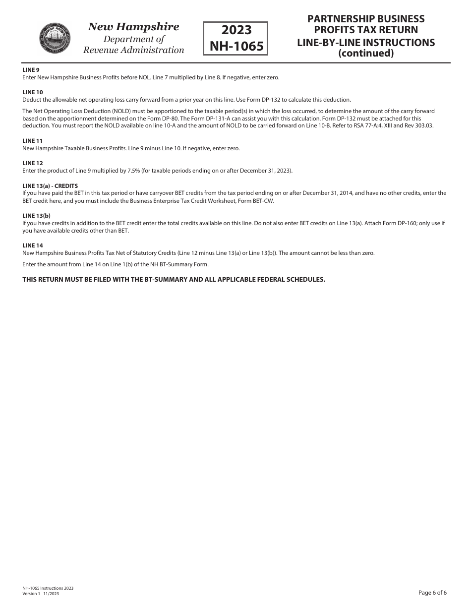 Instructions for Form NH-1065 Partnership Business Profits Tax Return - New Hampshire, Page 6