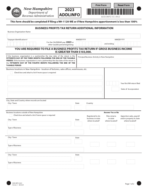 Form ADDLINFO Business Profits Tax Return Additional Information - New Hampshire, 2023