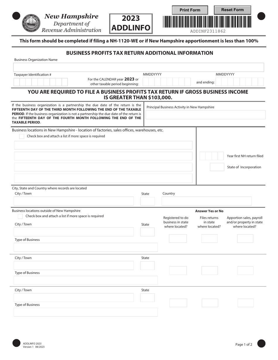 Form ADDLINFO Business Profits Tax Return Additional Information - New Hampshire, Page 1