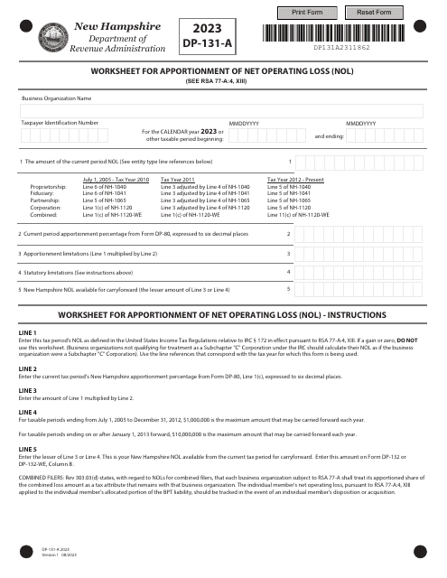 Form DP-131-A Worksheet for Apportionment of Net Operating Loss (Nol) - New Hampshire, 2023