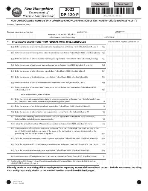 Form DP-120-P Non-consolidated Members of a Combined Group Computation of Partnership Gross Business Profits - New Hampshire, 2023
