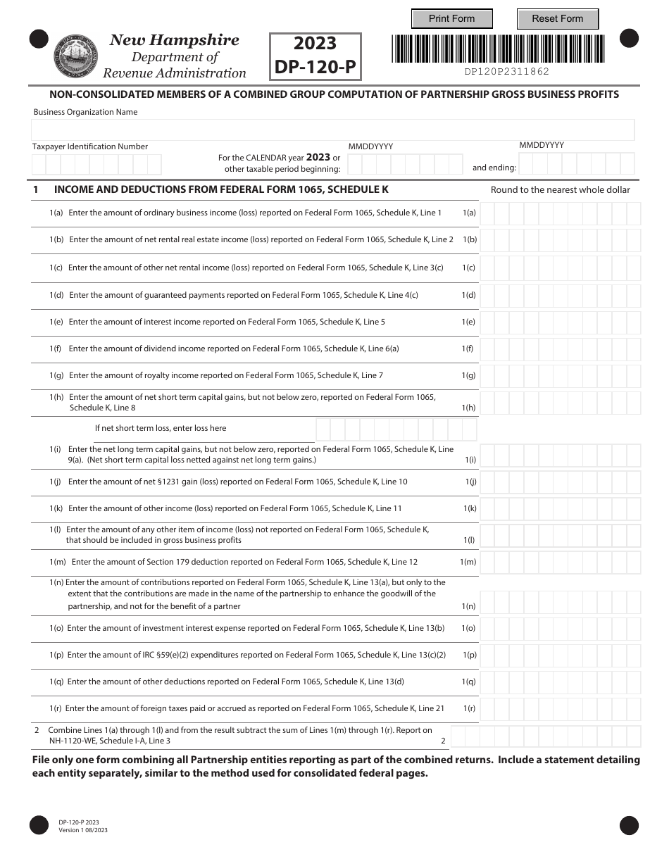 Form DP-120-P Non-consolidated Members of a Combined Group Computation of Partnership Gross Business Profits - New Hampshire, Page 1