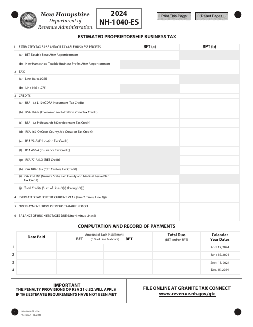 Form NH-1040-ES Estimated Proprietorship Business Tax - New Hampshire, 2024
