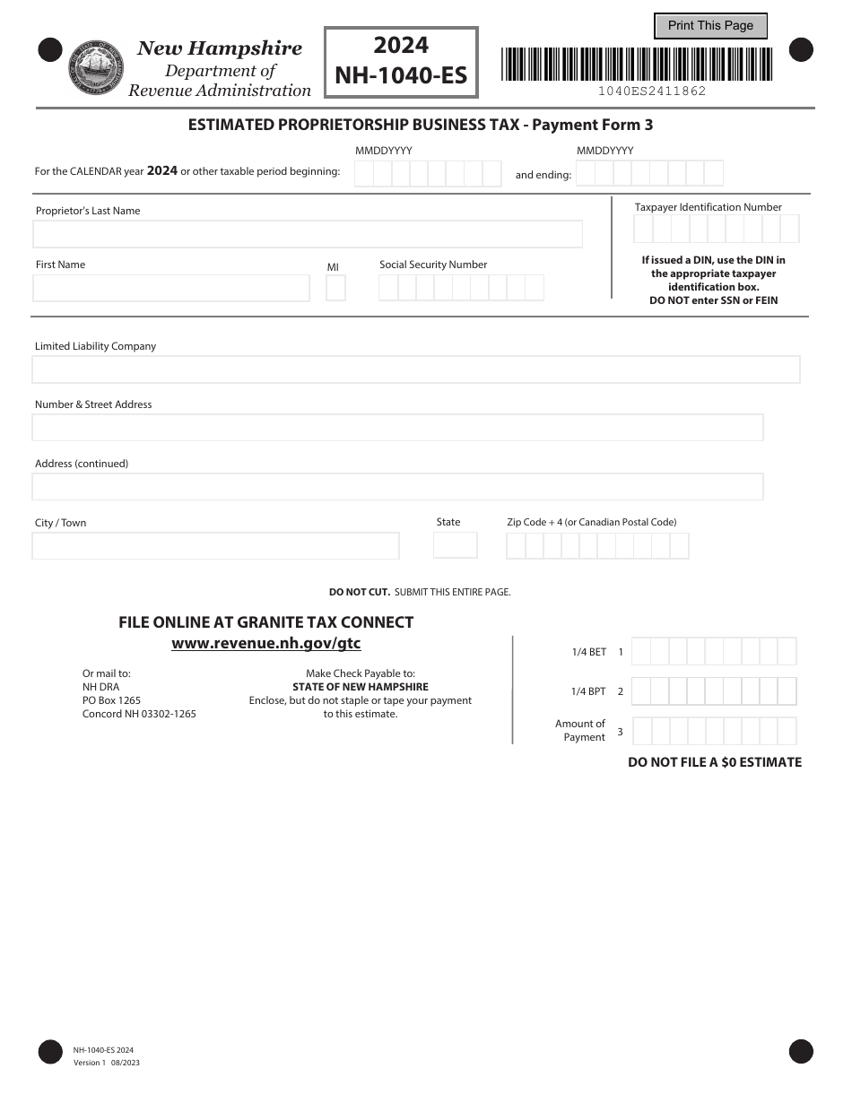 Form NH-1040-ES Estimated Proprietorship Business Tax - New Hampshire, Page 4