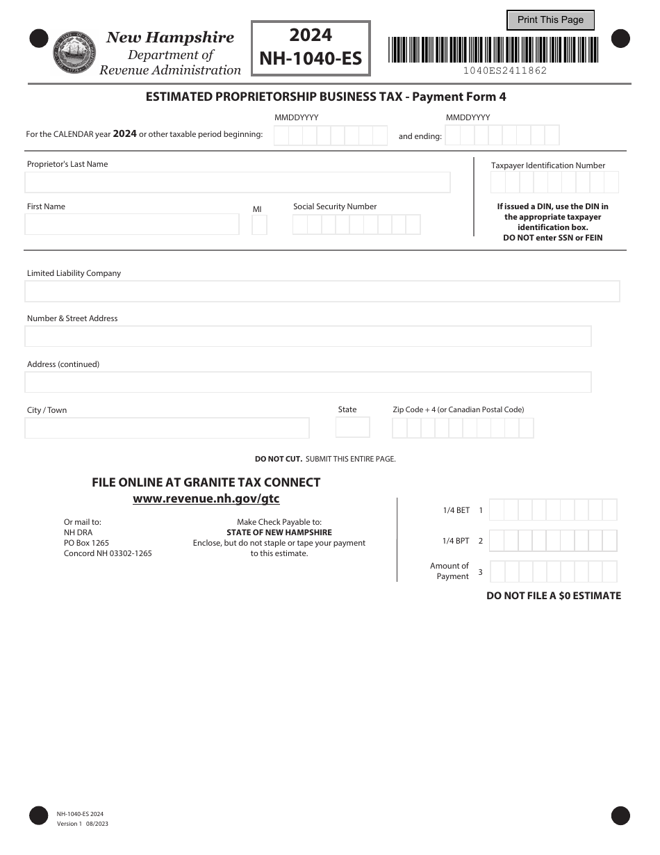 Form NH-1040-ES Estimated Proprietorship Business Tax - New Hampshire, Page 5