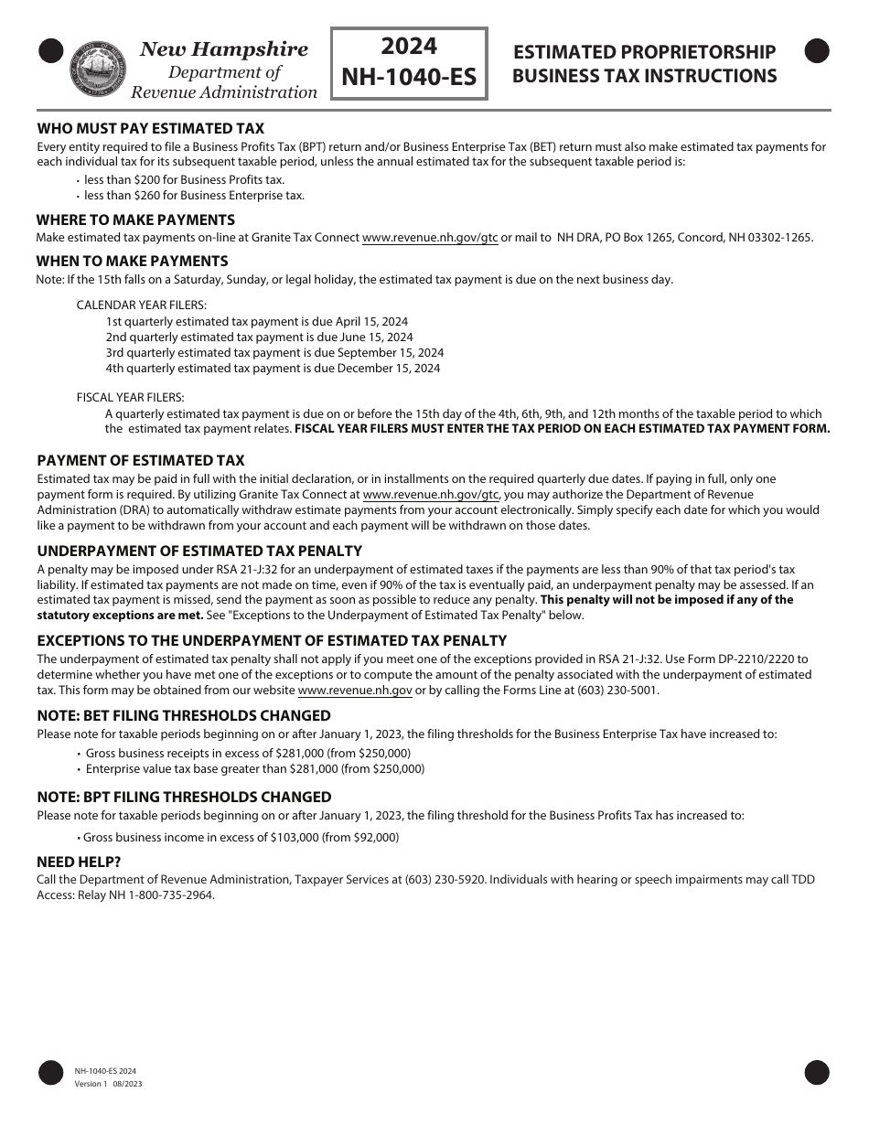 Form NH-1040-ES Estimated Proprietorship Business Tax - New Hampshire, Page 6