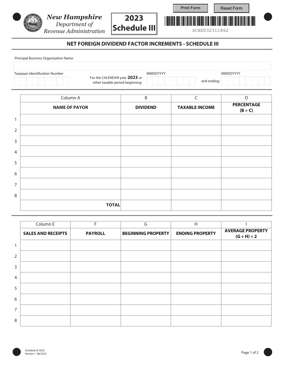 Schedule III Net Foreign Dividend Factor Increments - New Hampshire, Page 1