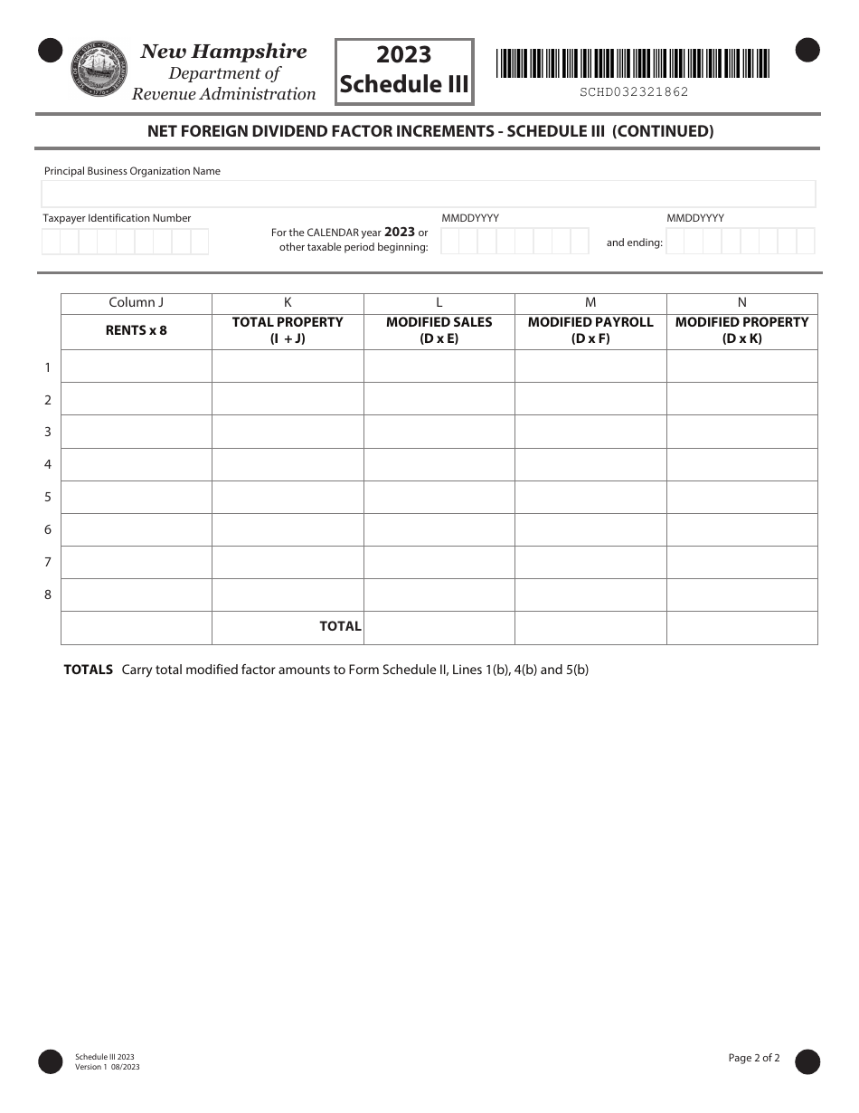 Schedule III Net Foreign Dividend Factor Increments - New Hampshire, Page 2