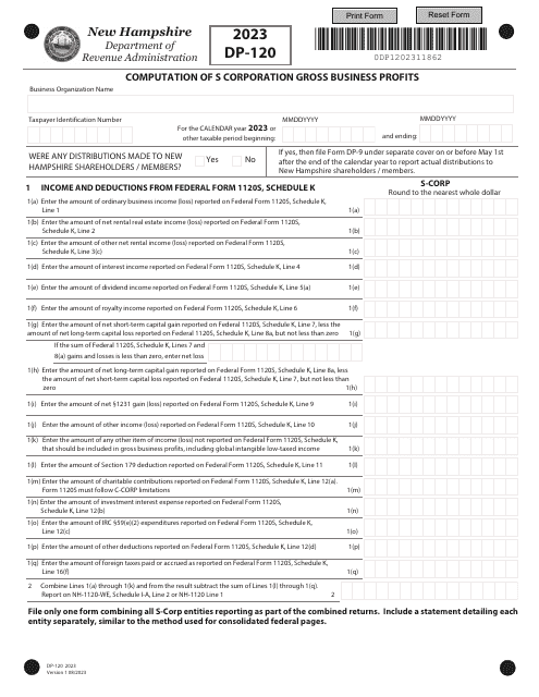 Form DP-120 Computation of S Corporation Gross Business Profits - New Hampshire, 2023