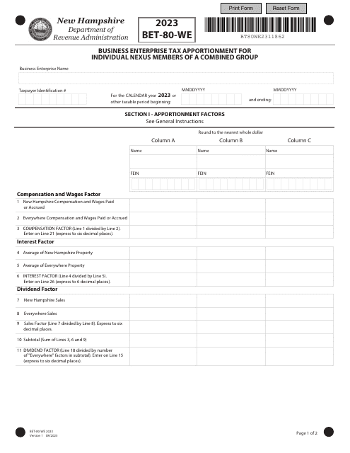 Form BET-80-WE Business Enterprise Tax Apportionment for Individual Nexus Members of a Combined Group - New Hampshire, 2023