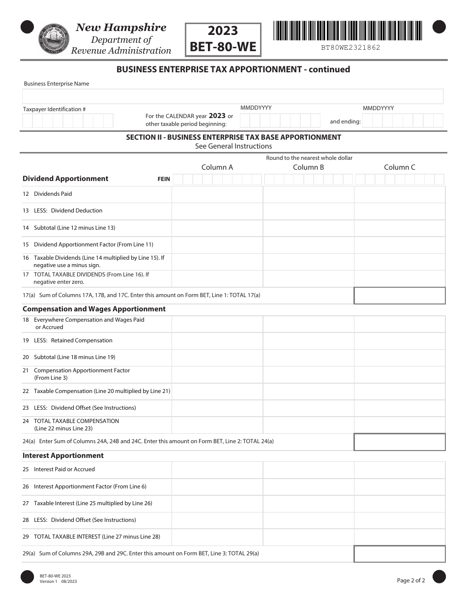 Form BET-80-WE Business Enterprise Tax Apportionment for Individual Nexus Members of a Combined Group - New Hampshire, Page 2