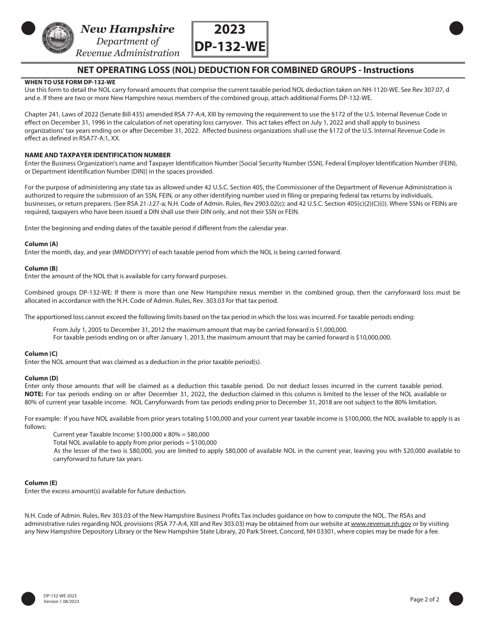 Form DP-132-WE Net Operating Loss (Nol) Deduction for Combined Groups - New Hampshire, Page 2