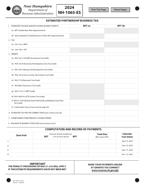 Form NH-1065-ES Estimated Partnership Business Tax - New Hampshire, 2024