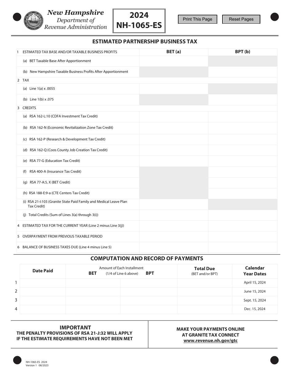 Form NH-1065-ES Estimated Partnership Business Tax - New Hampshire, Page 1