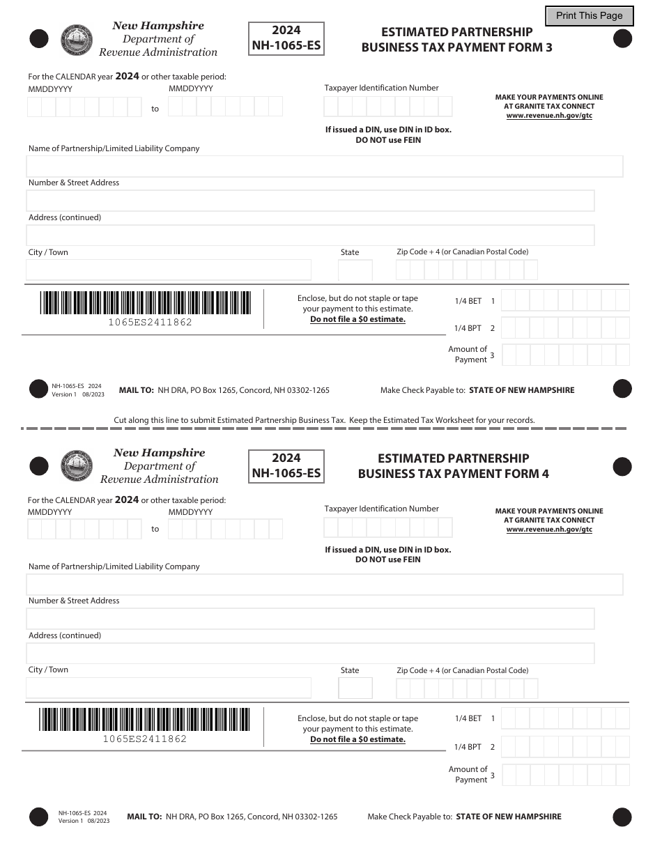Form NH-1065-ES Estimated Partnership Business Tax - New Hampshire, Page 3