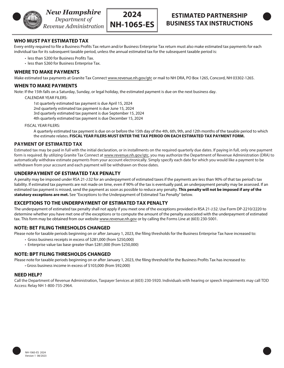 Form NH-1065-ES Estimated Partnership Business Tax - New Hampshire, Page 4