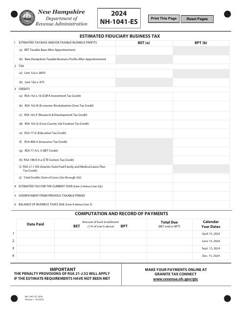 Form NH-1041-ES Estimated Fiduciary Business Tax - New Hampshire, 2024