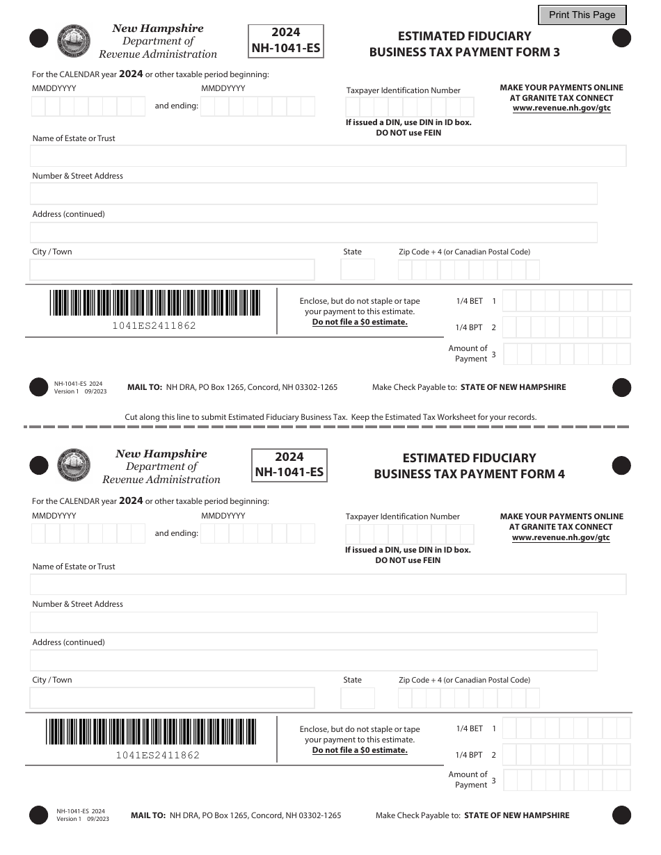 Form NH-1041-ES Estimated Fiduciary Business Tax - New Hampshire, Page 3