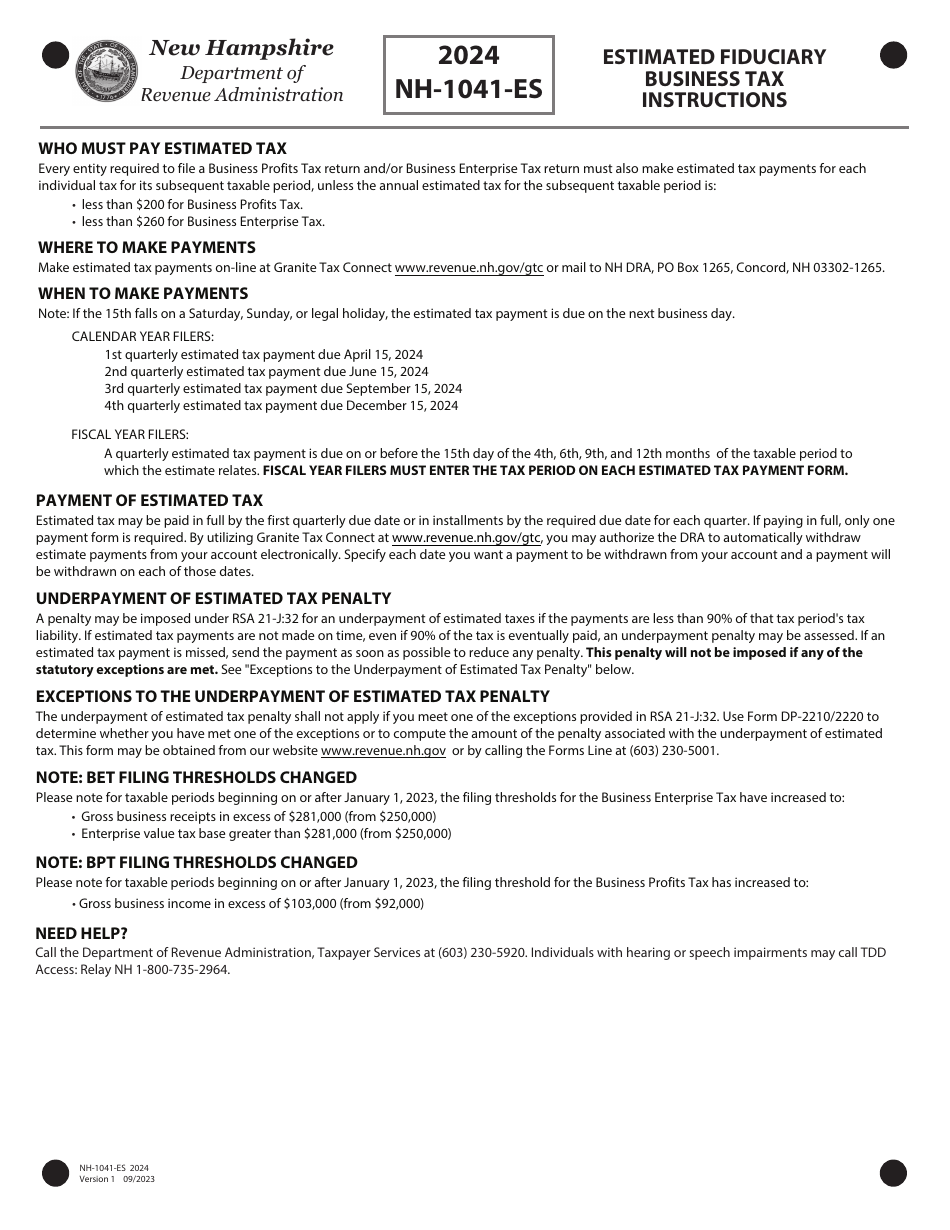 Form NH-1041-ES Estimated Fiduciary Business Tax - New Hampshire, Page 4
