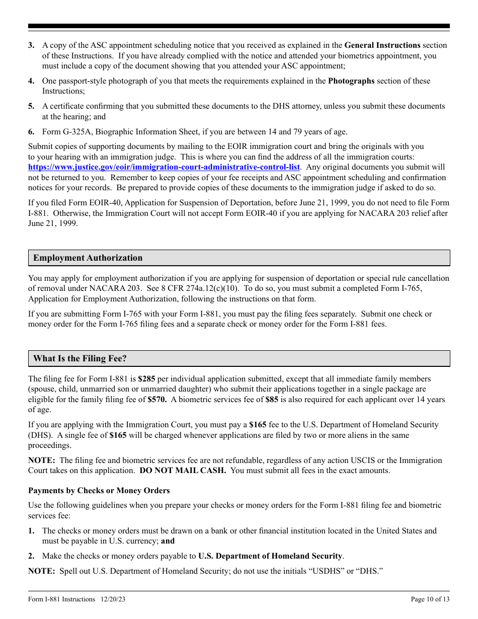 Instructions for USCIS Form I-881 Application for Suspension of Deportation or Special Rule Cancellation of Removal, Page 10