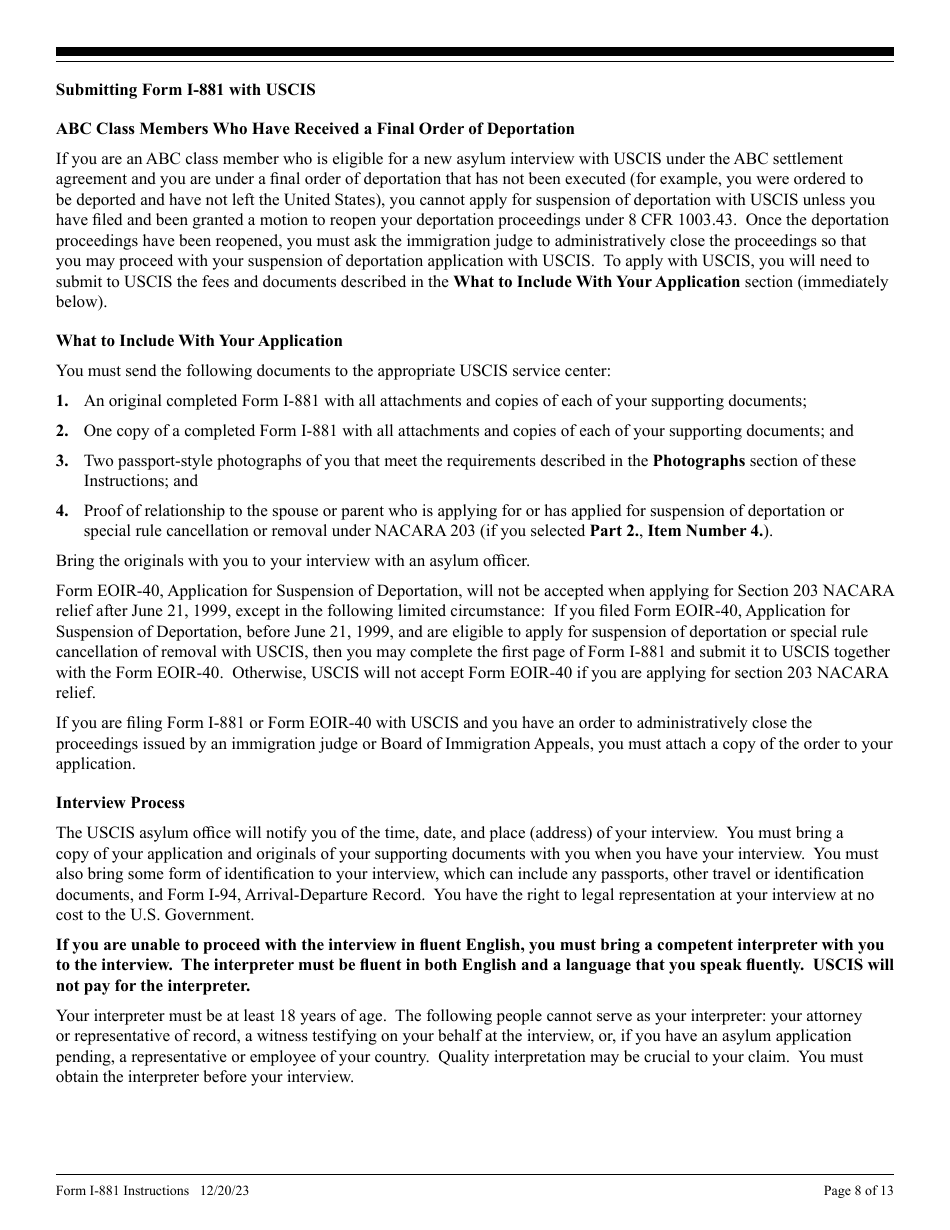 Instructions for USCIS Form I-881 Application for Suspension of Deportation or Special Rule Cancellation of Removal, Page 8