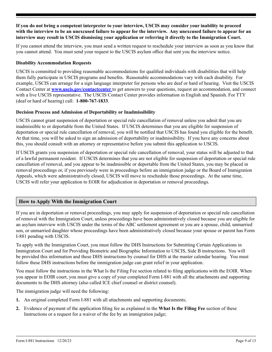 Instructions for USCIS Form I-881 Application for Suspension of Deportation or Special Rule Cancellation of Removal, Page 9