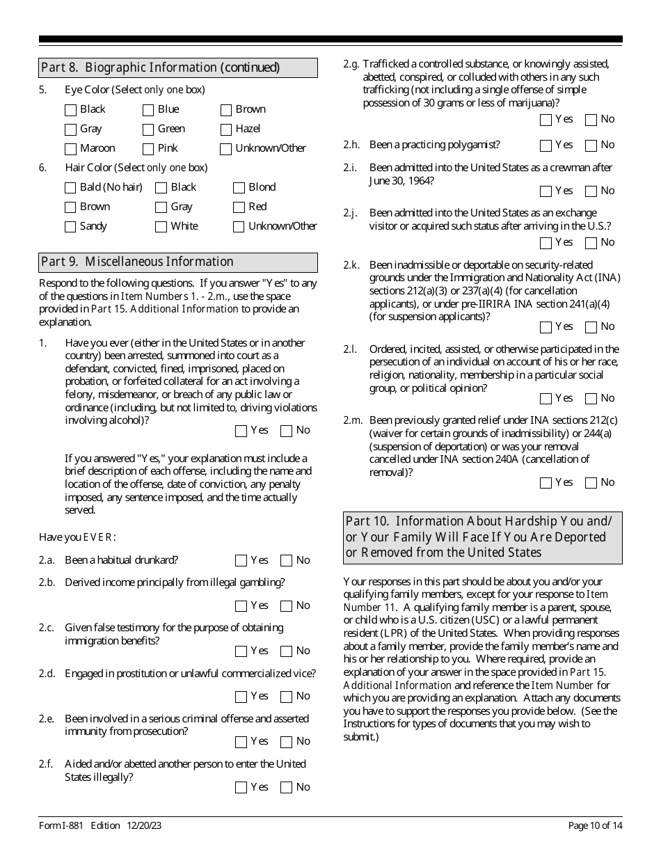 USCIS Form I-881 Application for Suspension of Deportation or Special Rule Cancellation of Removal, Page 10