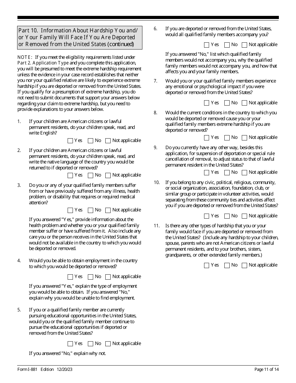 USCIS Form I-881 Application for Suspension of Deportation or Special Rule Cancellation of Removal, Page 11