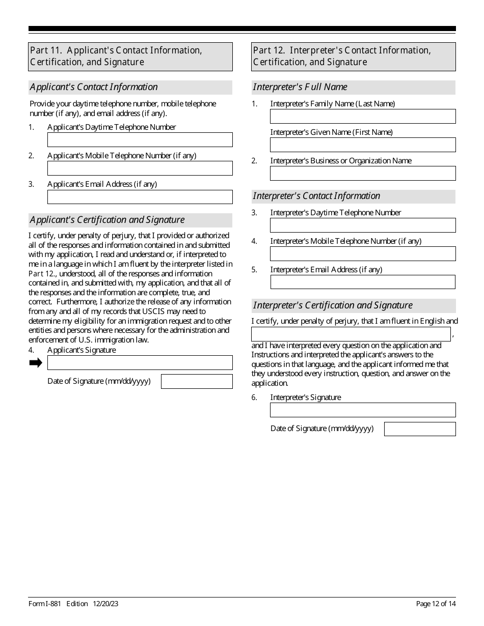 USCIS Form I-881 Application for Suspension of Deportation or Special Rule Cancellation of Removal, Page 12