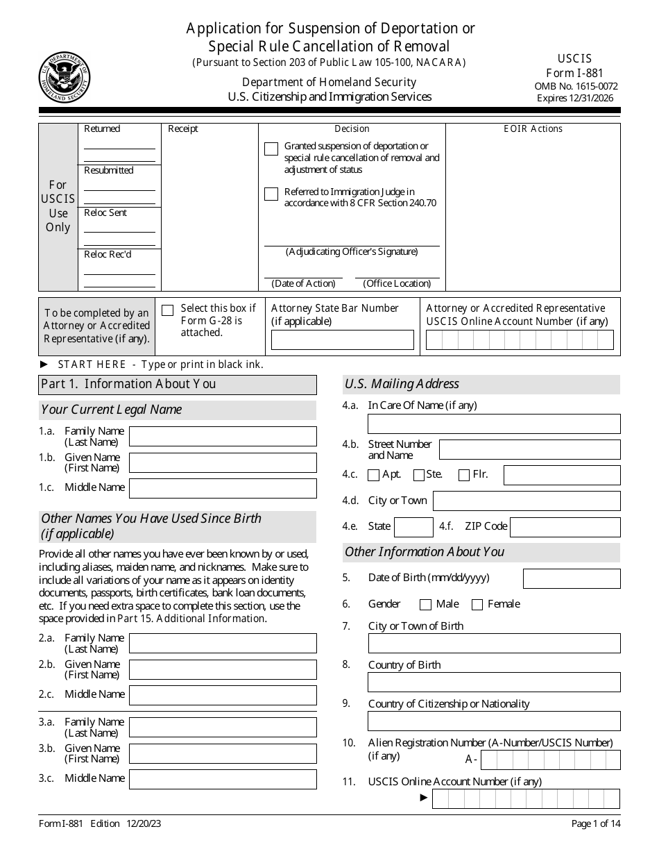 USCIS Form I-881 Application for Suspension of Deportation or Special Rule Cancellation of Removal, Page 1