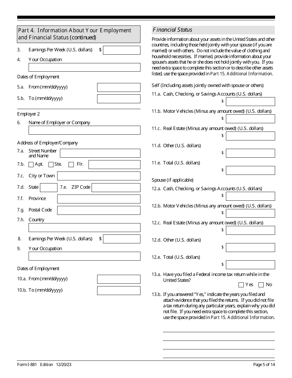 USCIS Form I-881 Application for Suspension of Deportation or Special Rule Cancellation of Removal, Page 5