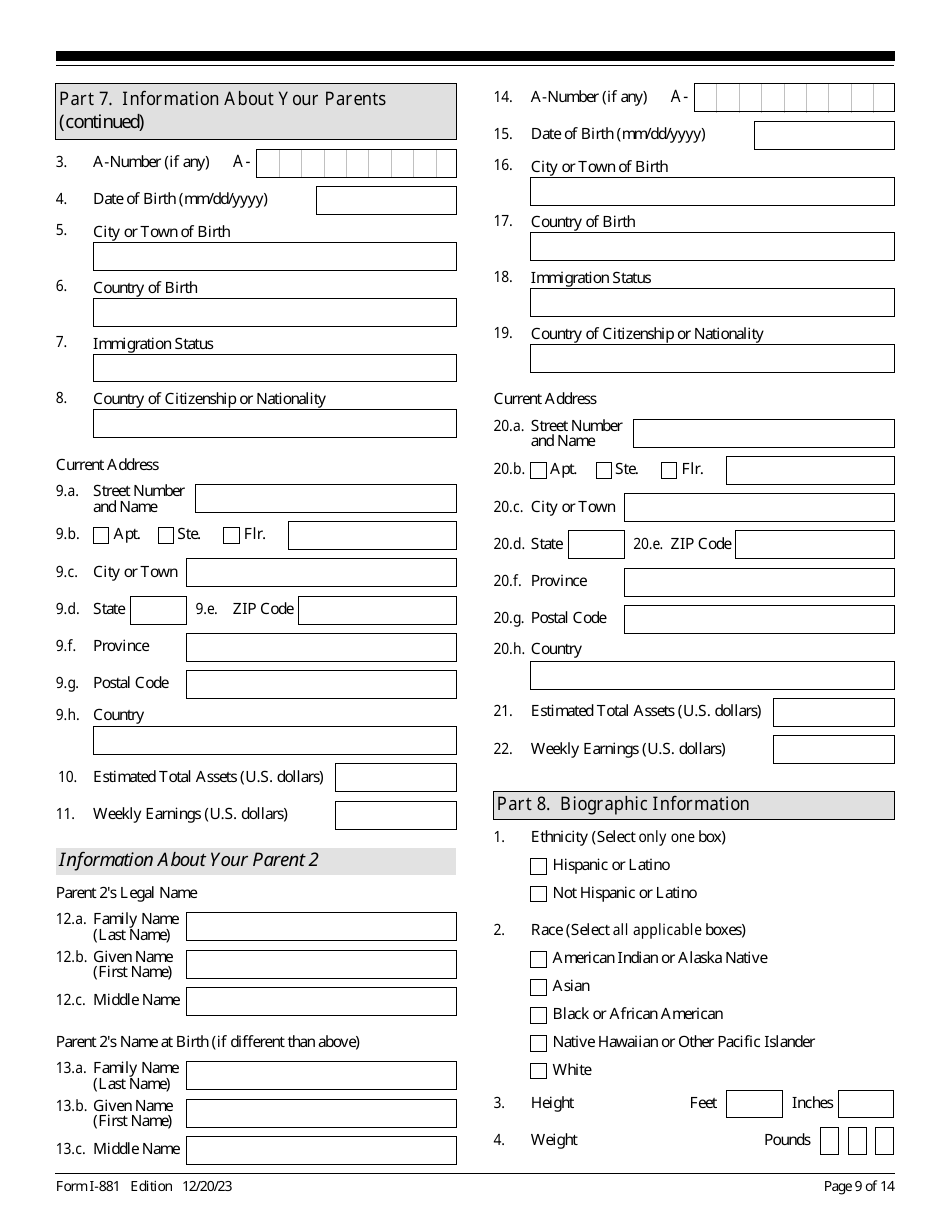USCIS Form I-881 Application for Suspension of Deportation or Special Rule Cancellation of Removal, Page 9