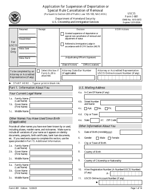 USCIS Form I-881  Printable Pdf