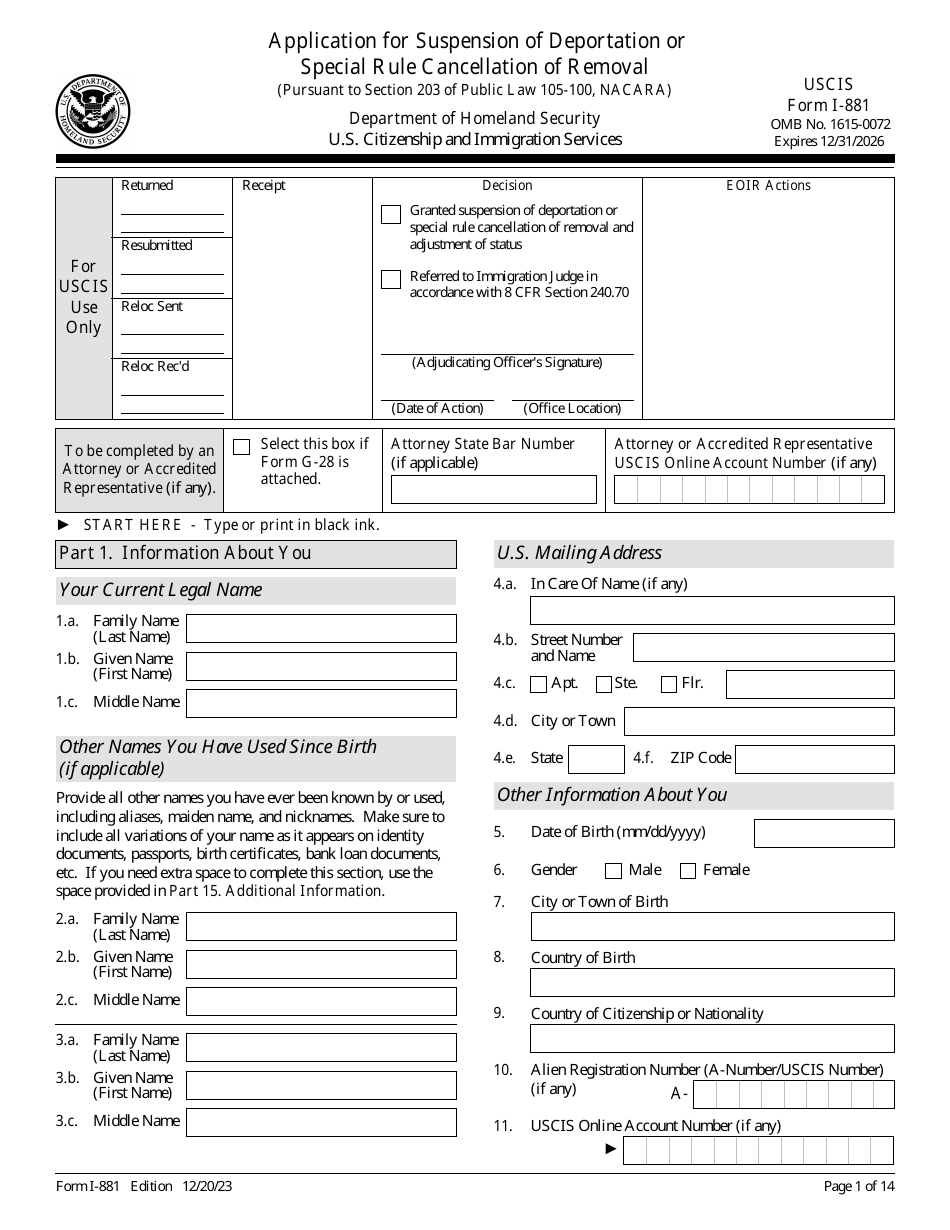 USCIS Form I-881 - Fill Out, Sign Online and Download Fillable PDF ...