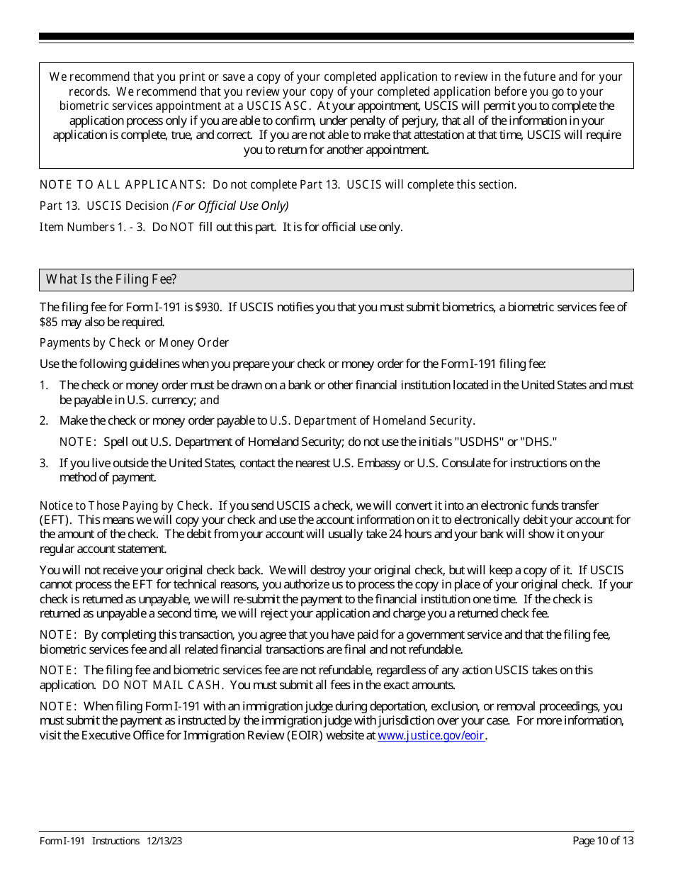 Instructions for USCIS Form I-191 Application for Relief Under Former Section 212(C) of the Immigration and Nationality Act (Ina), Page 10