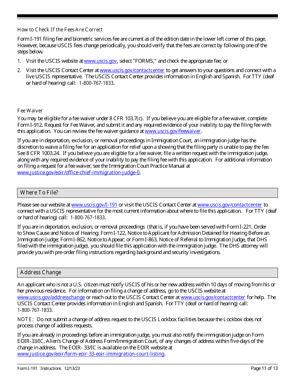 Instructions for USCIS Form I-191 Application for Relief Under Former Section 212(C) of the Immigration and Nationality Act (Ina), Page 11