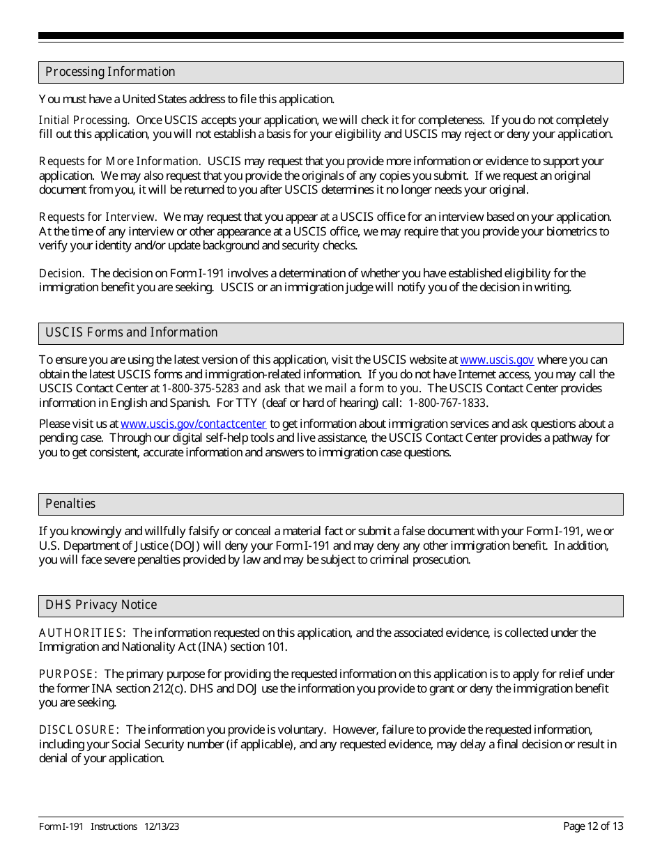 Instructions for USCIS Form I-191 Application for Relief Under Former Section 212(C) of the Immigration and Nationality Act (Ina), Page 12