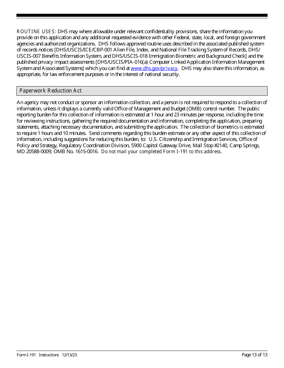 Instructions for USCIS Form I-191 Application for Relief Under Former Section 212(C) of the Immigration and Nationality Act (Ina), Page 13