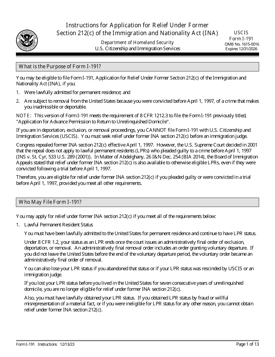 Instructions for USCIS Form I-191 Application for Relief Under Former Section 212(C) of the Immigration and Nationality Act (Ina), Page 1