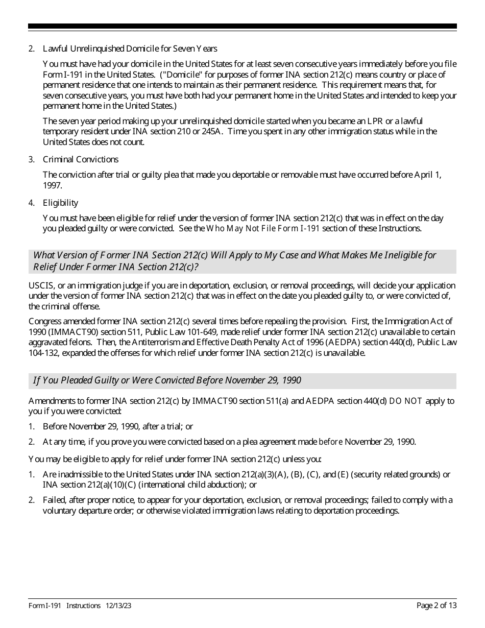 Instructions for USCIS Form I-191 Application for Relief Under Former Section 212(C) of the Immigration and Nationality Act (Ina), Page 2