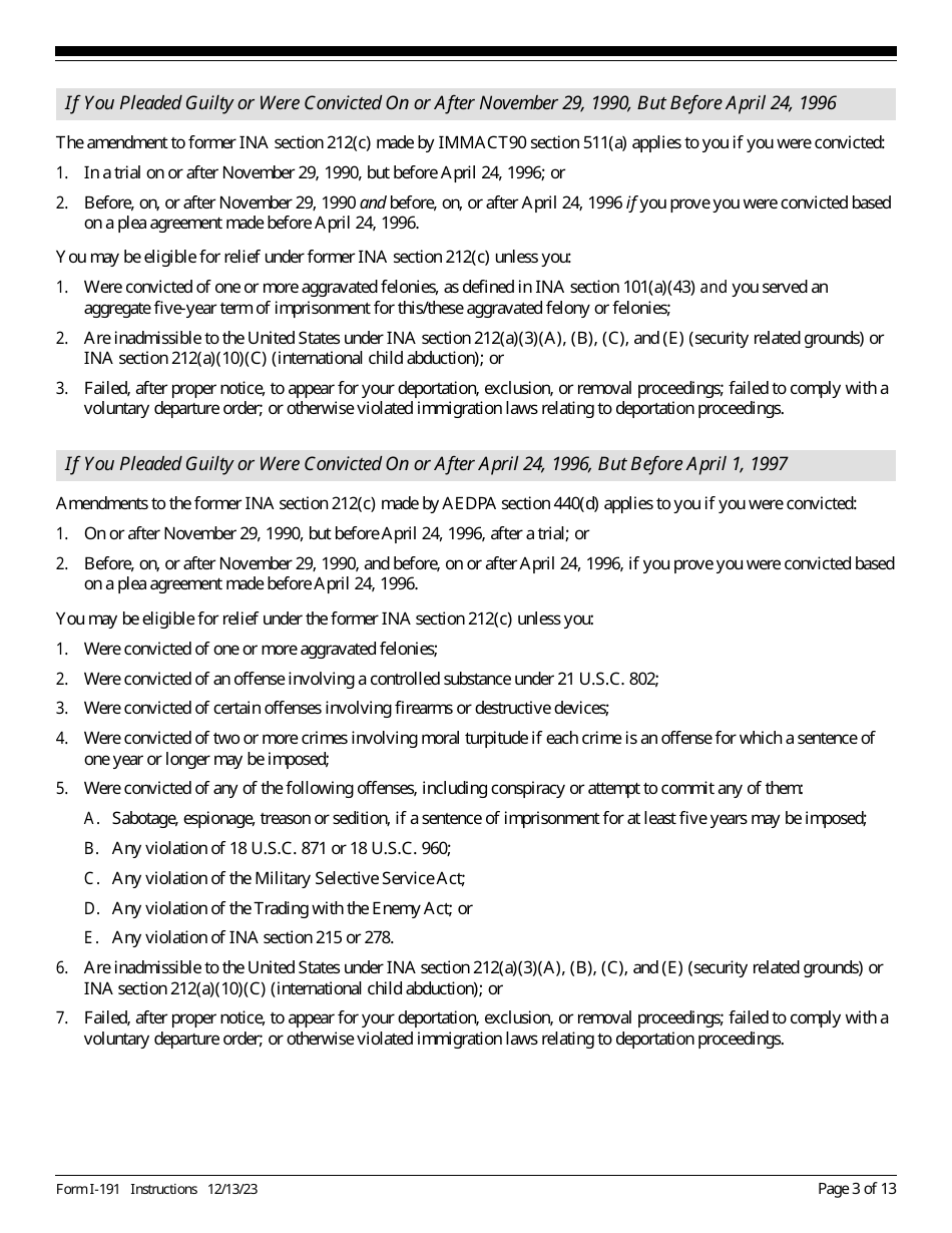 Instructions for USCIS Form I-191 Application for Relief Under Former Section 212(C) of the Immigration and Nationality Act (Ina), Page 3