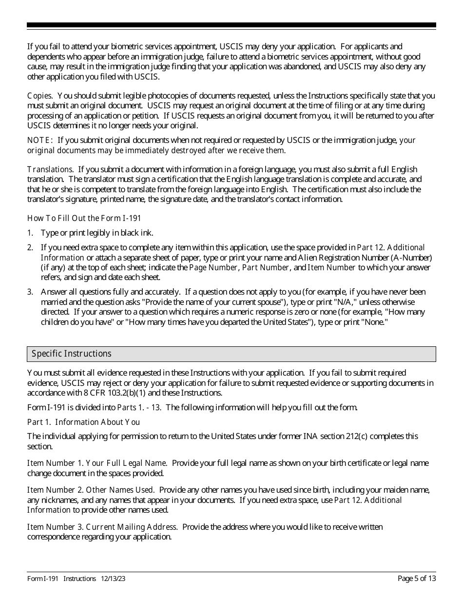 Instructions for USCIS Form I-191 Application for Relief Under Former Section 212(C) of the Immigration and Nationality Act (Ina), Page 5