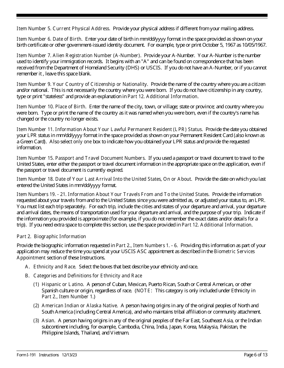 Instructions for USCIS Form I-191 Application for Relief Under Former Section 212(C) of the Immigration and Nationality Act (Ina), Page 6