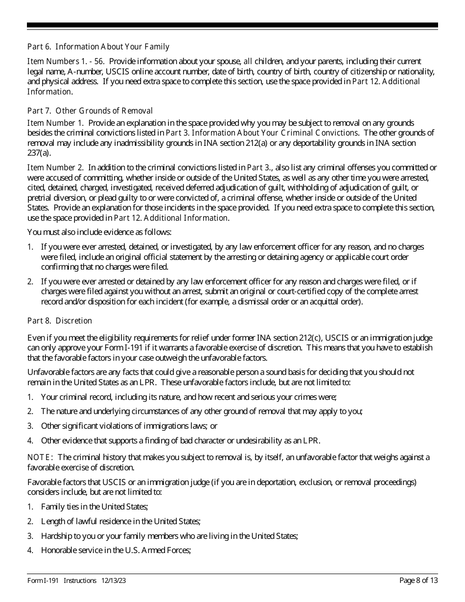 Instructions for USCIS Form I-191 Application for Relief Under Former Section 212(C) of the Immigration and Nationality Act (Ina), Page 8